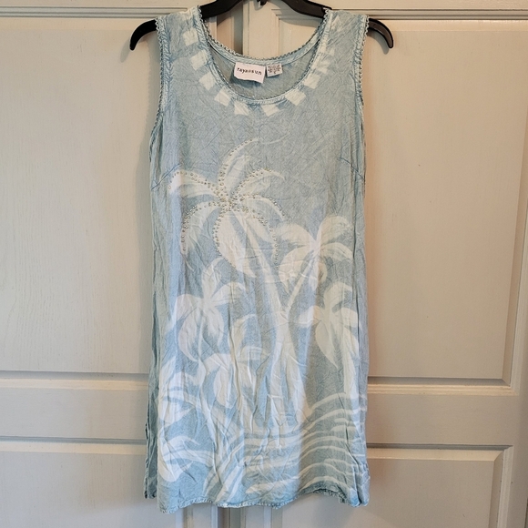 Raya Sun Light Blue White Palm Tree Rhinestones Sleeveless Mini Dress - Picture 1 of 6